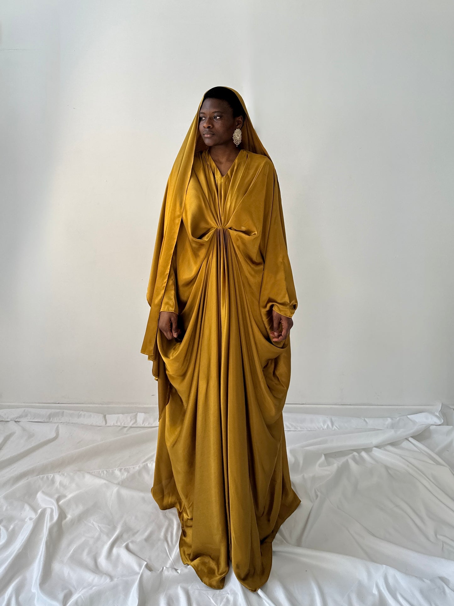 Kanzah Kaftan Dress & Scarf Set in Mustard Gold